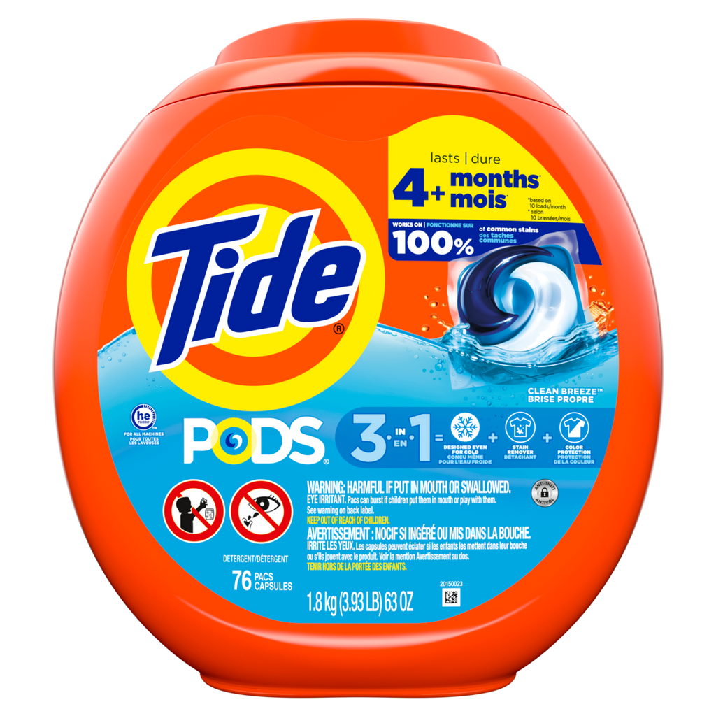 Tide Pods Laundry Detergent Pacs 3-in-1 Stain Remover Odor Fighter Color Protector HE Compatible Clean Breeze Scent - 76ct/4pk