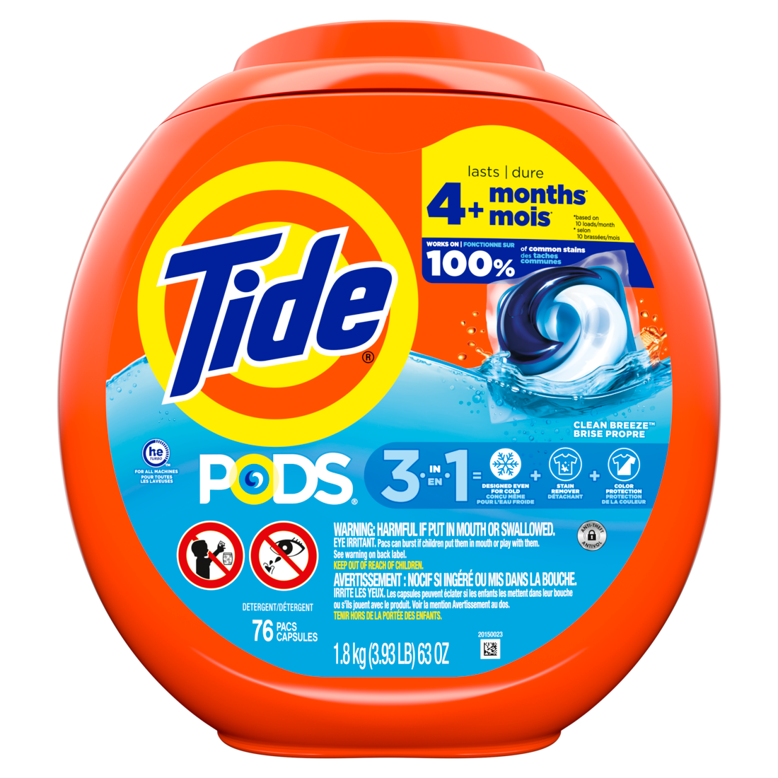 Tide Pods Laundry Detergent Pacs 3-in-1 Stain Remover Odor Fighter Color Protector HE Compatible Clean Breeze Scent - 76ct/4pk