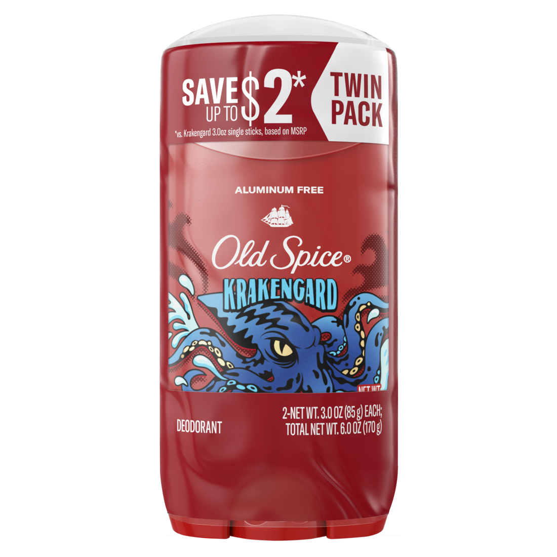 Old Spice Aluminum Free Deodorant For Men 24/7 Freshness Long Lasting Odor Protection Legendary Fragrance Krakengard Deep Ocean Scent Twin Pack - (2x3.0)oz/6pk