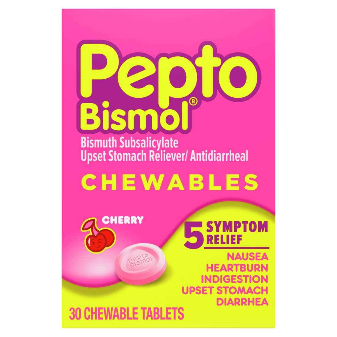 Pepto Bismol Cherry Chewable Tablets Upset Stomach Relief Nausea Relief Heartburn Relief Indigestion Relief Anti Diarrhea Medication For Adults - 5 Symptom Relief - 30ct/24pk