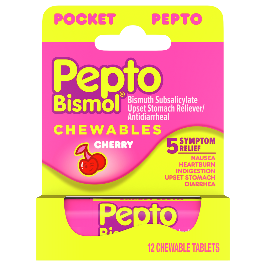 Pepto Bismol Cherry Chewable Tablets Pocket To-Go Upset Stomach Relief Nausea Relief Heartburn Relief Indigestion Relief Anti Diarrhea Medication For Adults - 5 Symptom Relief - 12ct/24pk
