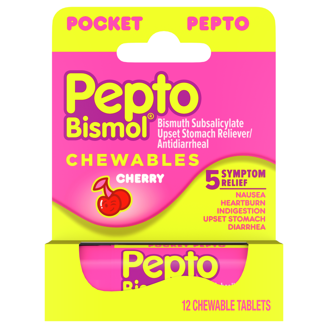Pepto Bismol Cherry Chewable Tablets Pocket To-Go Upset Stomach Relief Nausea Relief Heartburn Relief Indigestion Relief Anti Diarrhea Medication For Adults - 5 Symptom Relief - 12ct/24pk
