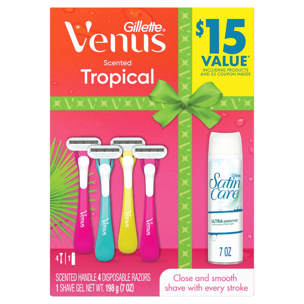Gillette Venus Tropical Women's Disposable Razors (4ct) + 1 Ultra Sensitive Shave Gel Holiday Gift Set (7.0oz) - 1set/6pk