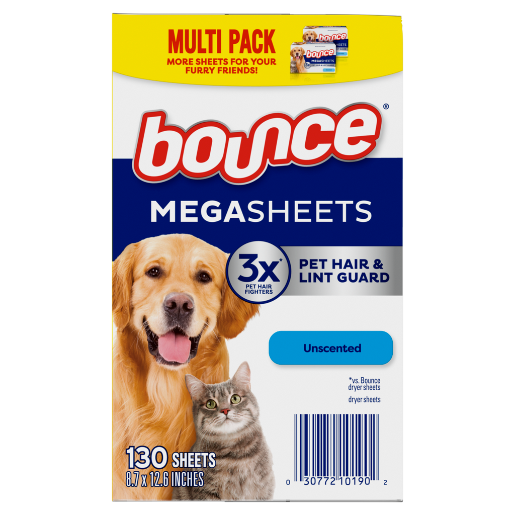 Bounce Pet Hair And Lint Guard Mega Dryer Sheets With 3X Pet Hair Fighters Unscented - 130ct/3pk