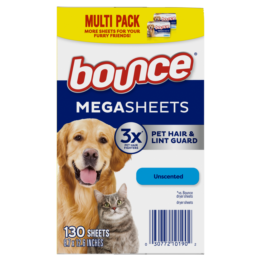 Bounce Pet Hair And Lint Guard Mega Dryer Sheets With 3X Pet Hair Fighters Unscented - 130ct/3pk