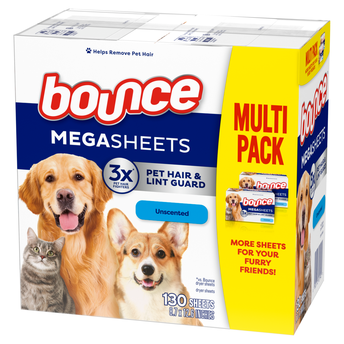 Bounce Pet Hair And Lint Guard Mega Dryer Sheets With 3X Pet Hair Fighters Unscented - 130ct/3pk