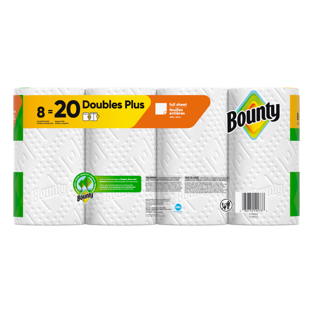 Bounty Paper Towels Full Sheet White 8 Double Plus Rolls 63 Sheets Per Roll - 8ct/1pk