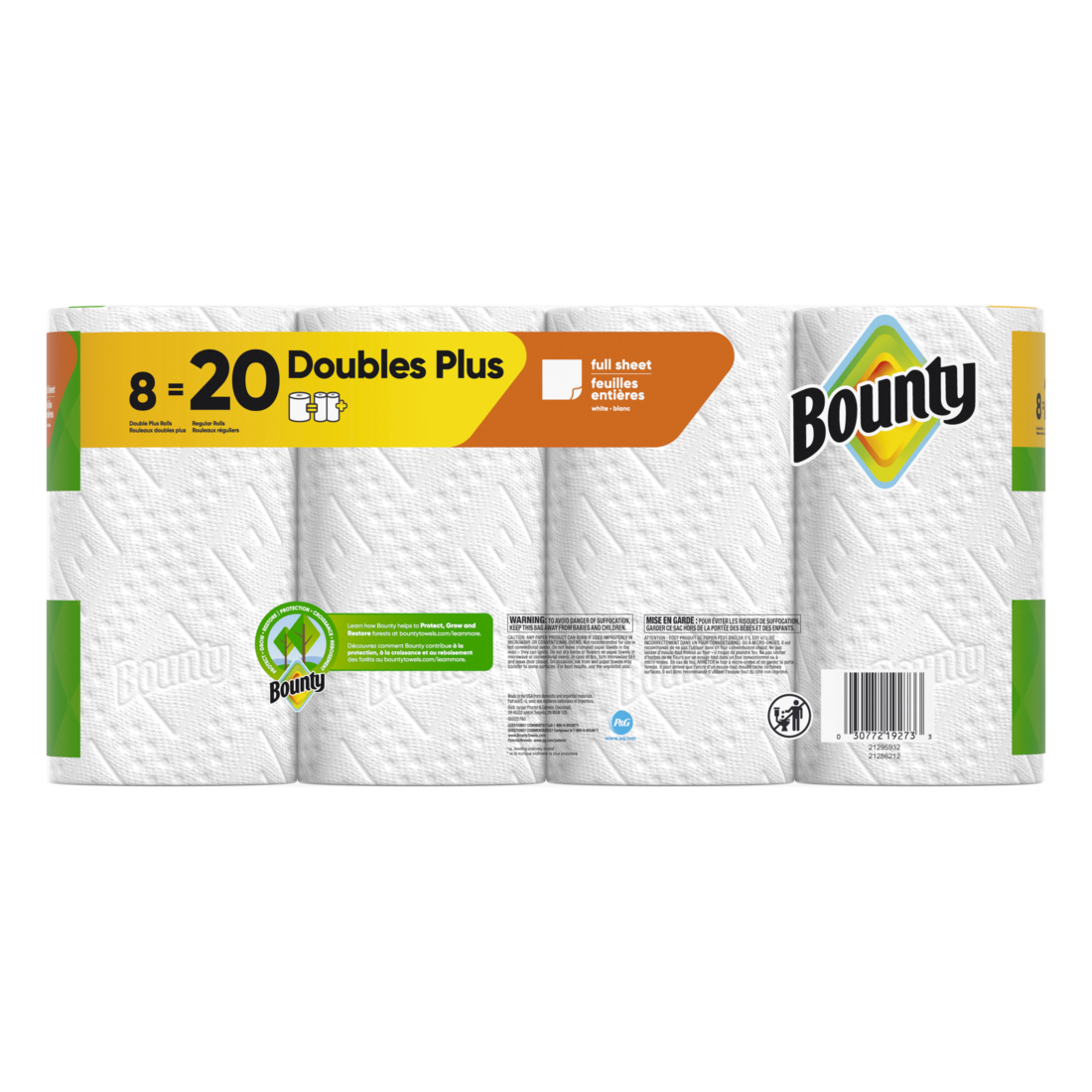 Bounty Paper Towels Full Sheet White 8 Double Plus Rolls 63 Sheets Per Roll - 8ct/1pk