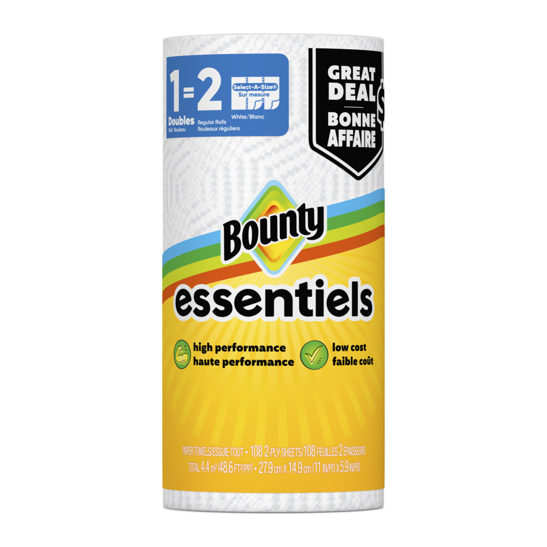Bounty Paper Towels Essentials Select-A-Size 1 Double Roll White 108 Sheets Per Roll - 1ct/24pk