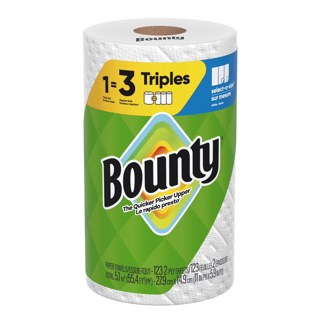 Bounty Paper Towels Select-A-Size White 1 Triple Roll 123 Sheets Per Roll - 1ct/12pk