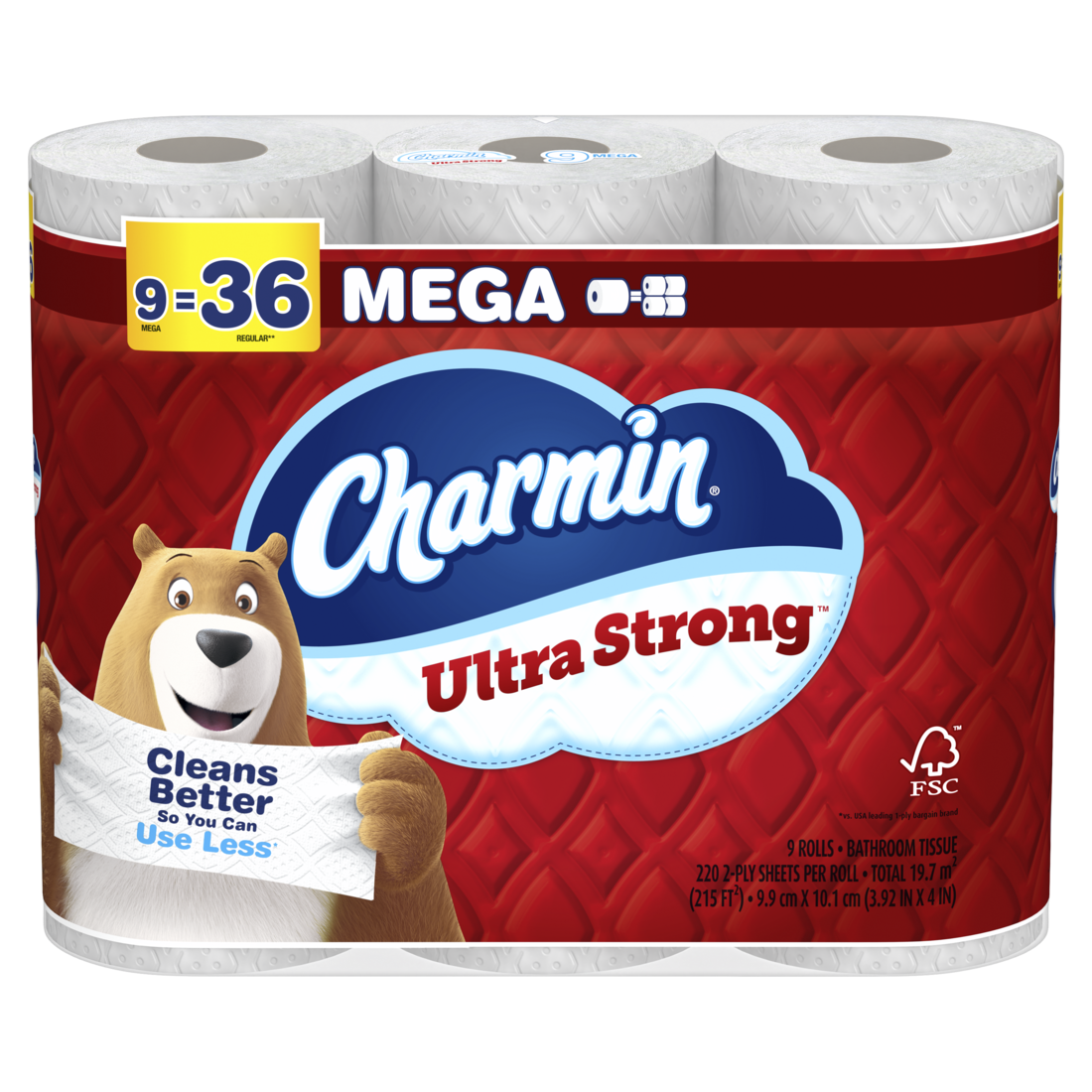 Charmin Toilet Paper Ultra Strong 9 Mega Rolls 2-Ply Bath Tissue 220 Sheets Per Roll - 9ct/4pk