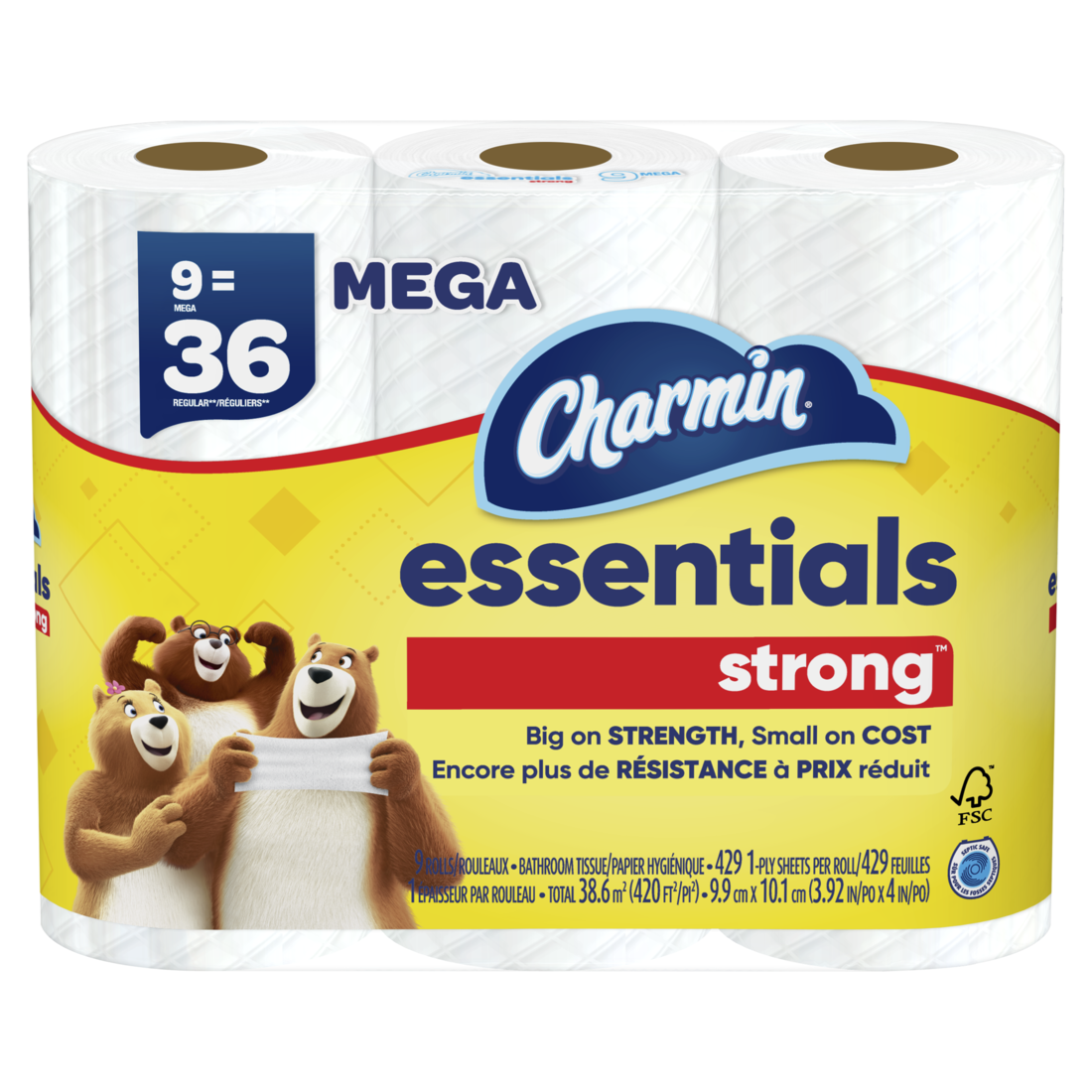 Charmin Essentials Strong Toilet Paper 9 Mega Rolls 429 Sheets Per Roll - 9ct/4pk