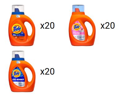 Tide Display (Tide Liquid Original 42oz(20), Tide Ultra Downy April Fresh 37oz(20), Tide Ultra Oxi Boost 37oz(20)) - 60pk