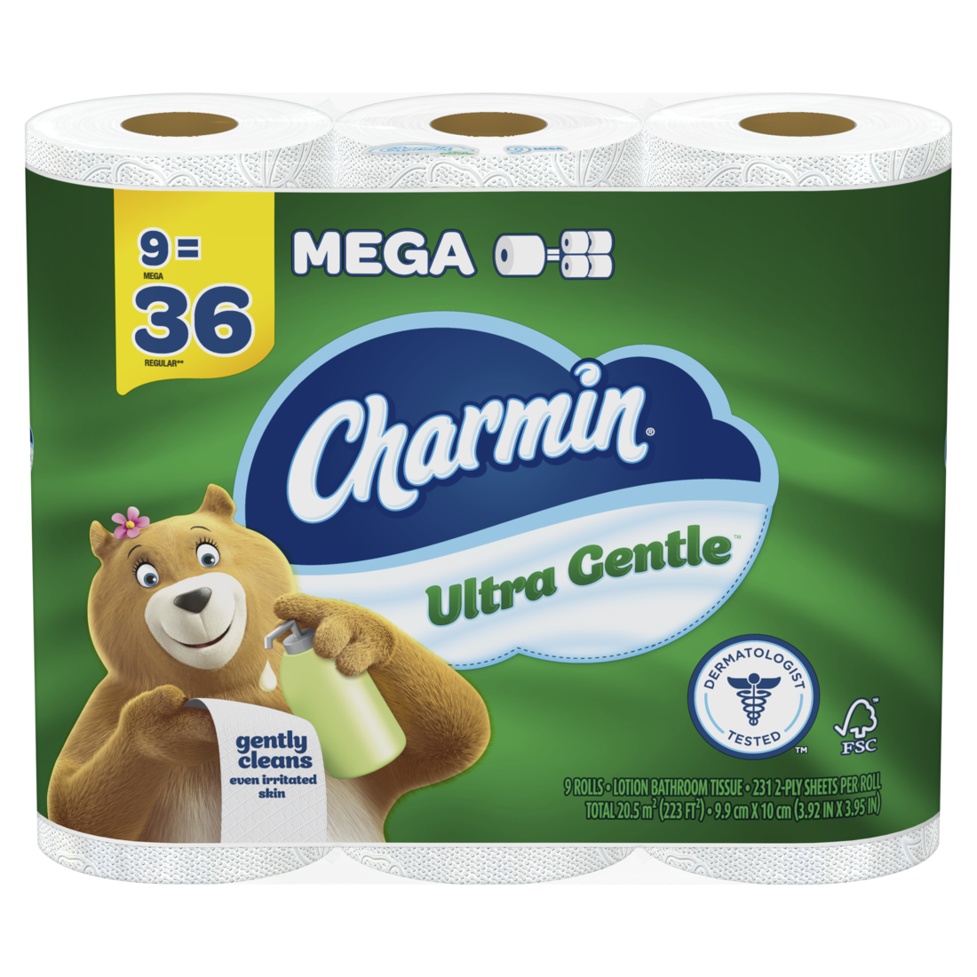 Charmin Toilet Paper Ultra Gentle 9 Mega Rolls 2-Ply Bath Tissue 231 Sheets Per Roll - 9ct/4pk