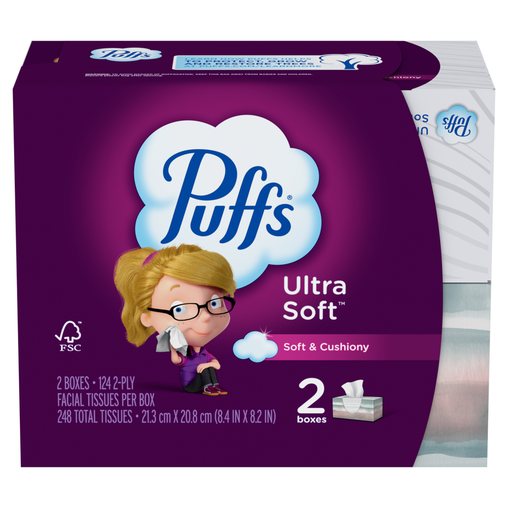 Puffs Ultra Soft Facial Tissues 2 Family Size Boxes 124 Facial Tissues Per Box - 248ct/12pk