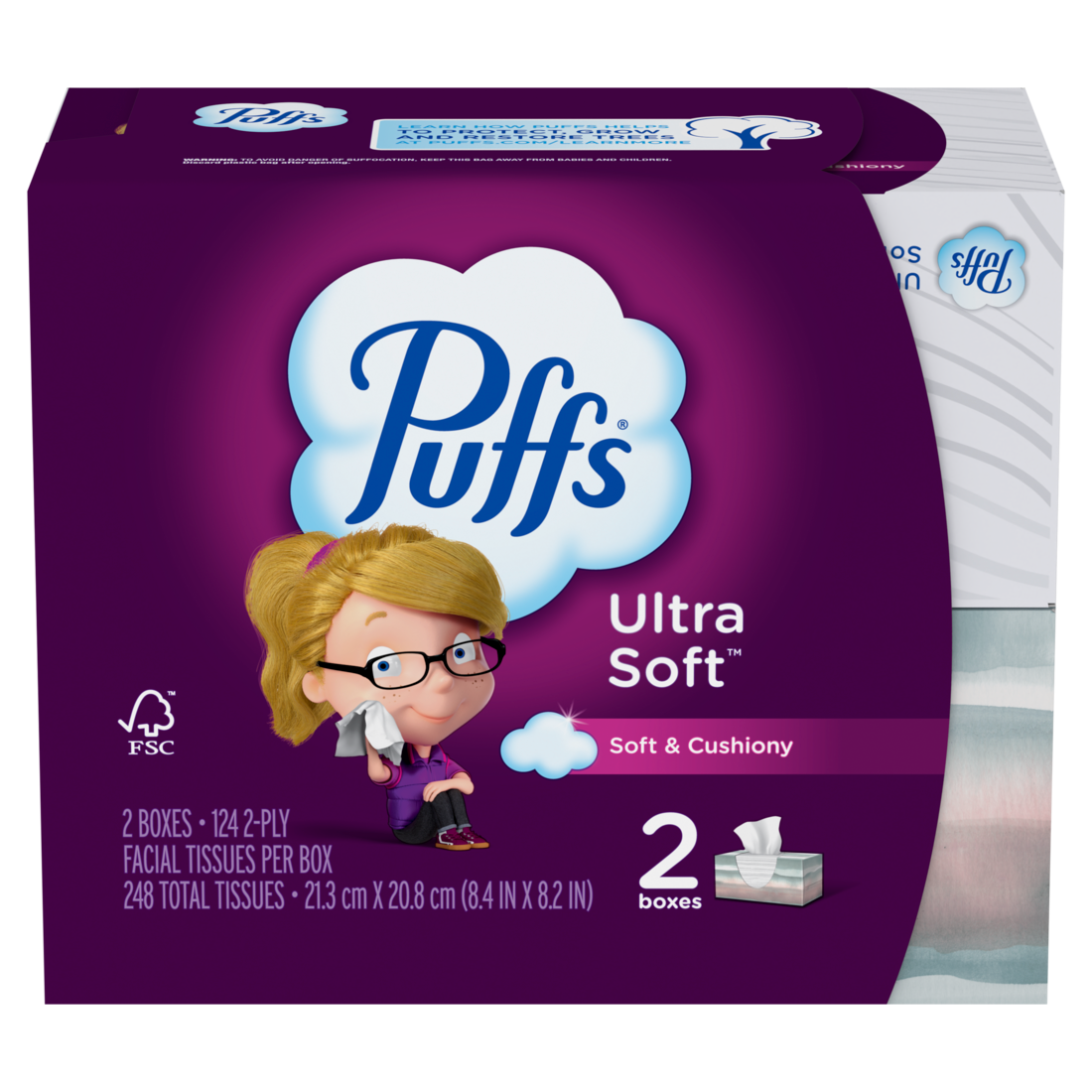 Puffs Ultra Soft Facial Tissues 2 Family Size Boxes 124 Facial Tissues Per Box - 248ct/12pk