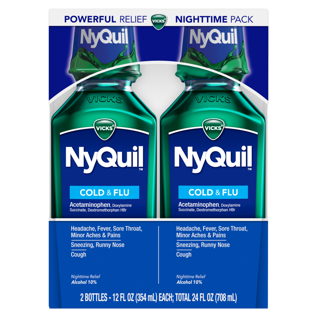 Vicks Nyquil Cold And Flu Medicine Twin Pack Original Flavor Relieves Nighttime Cough Sore Throat Fever Runny Nose - (2x12)oz/6pk