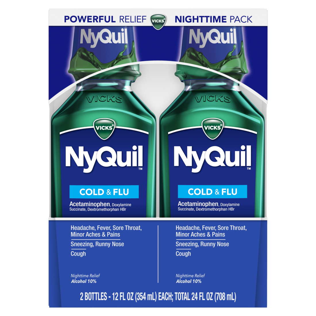 Vicks Nyquil Cold And Flu Medicine Twin Pack Original Flavor Relieves Nighttime Cough Sore Throat Fever Runny Nose - (2x12)oz/6pk