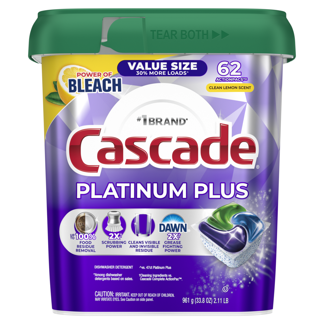 Cascade Platinum Plus Dishwasher Pods Dishwasher Detergent Dish Detergent Soap Lemon - 62ct/2pk