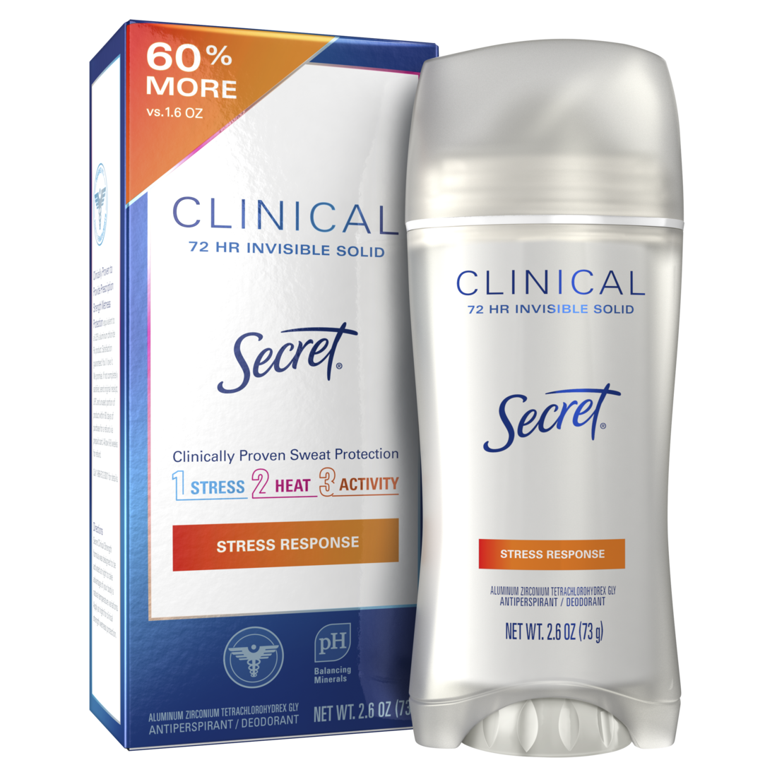 Secret Clinical Antiperspirant Deodorant For Women 100Hr Sweat & Odor Protection Hyaluronic Acid Invisible Solid Stress Response - 2.6oz/12pk
