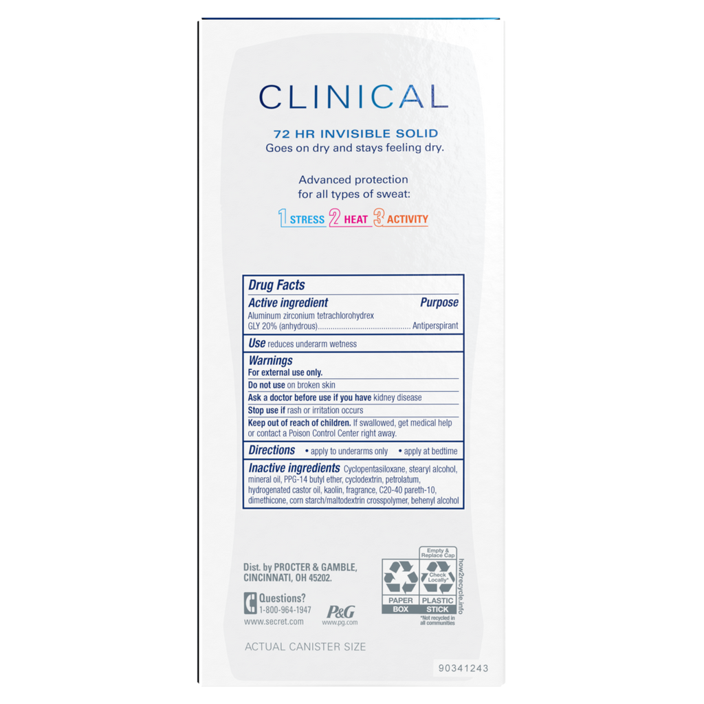 Secret Clinical Antiperspirant Deodorant For Women 100Hr Sweat & Odor Protection Hyaluronic Acid Invisible Solid Stress Response - 2.6oz/12pk