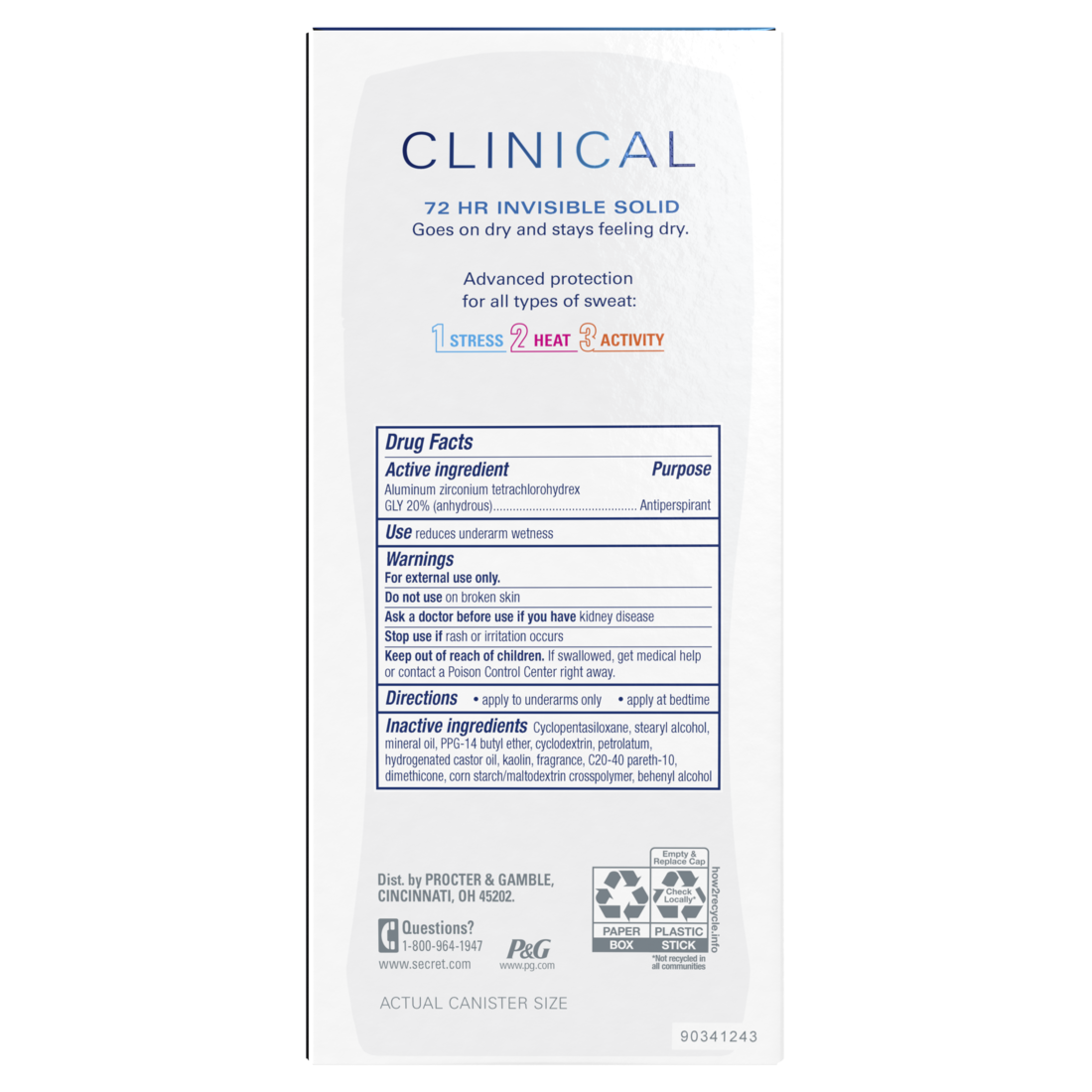 Secret Clinical Antiperspirant Deodorant For Women 100Hr Sweat & Odor Protection Hyaluronic Acid Invisible Solid Stress Response - 2.6oz/12pk