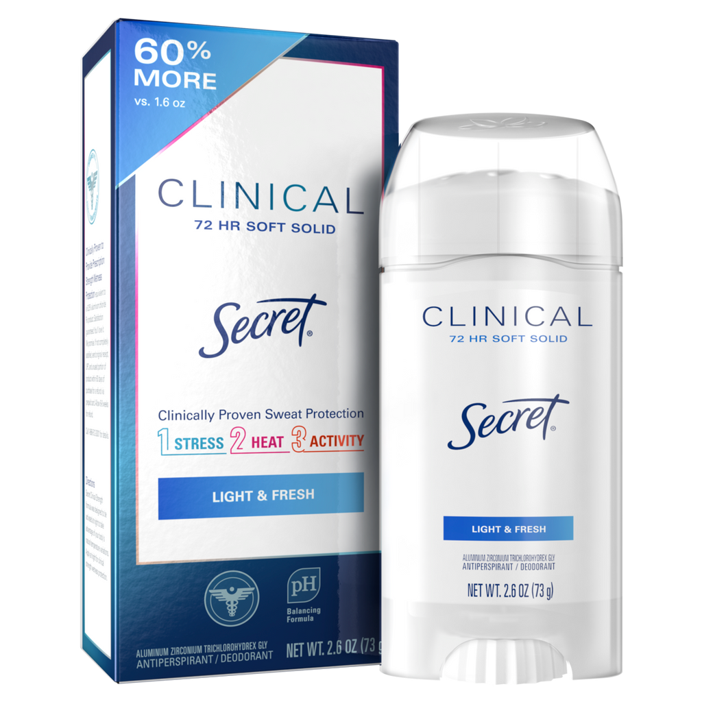 Secret Clinical Antiperspirant Deodorant For Women 100HR Sweat & Odor Protection Hyaluronic Acid Soft Solid Light&Fresh - 2.6oz/12pk