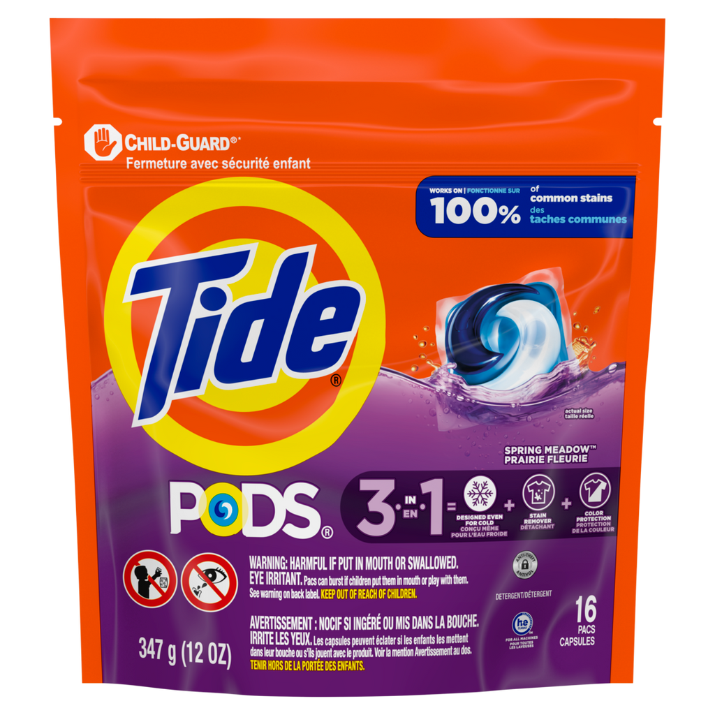 Tide Pods Laundry Detergent Spring Meadow Scent 3-in-1 Stain Remover Odor Fighter Color Protector Concentrated Laundry Soap Pacs - 16ct/6pk
