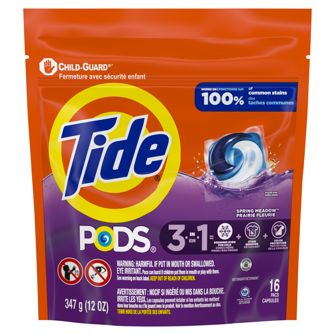 Tide Pods Laundry Detergent Spring Meadow Scent 3-in-1 Stain Remover Odor Fighter Color Protector Concentrated Laundry Soap Pacs - 16ct/6pk