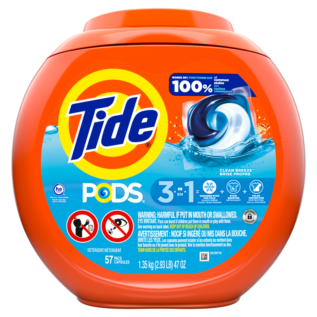 Tide Pods Laundry Detergent Pacs 3-in-1 Stain Remover Odor Fighter Color Protector HE Compatible Clean Breeze Scent - 57ct/4pk
