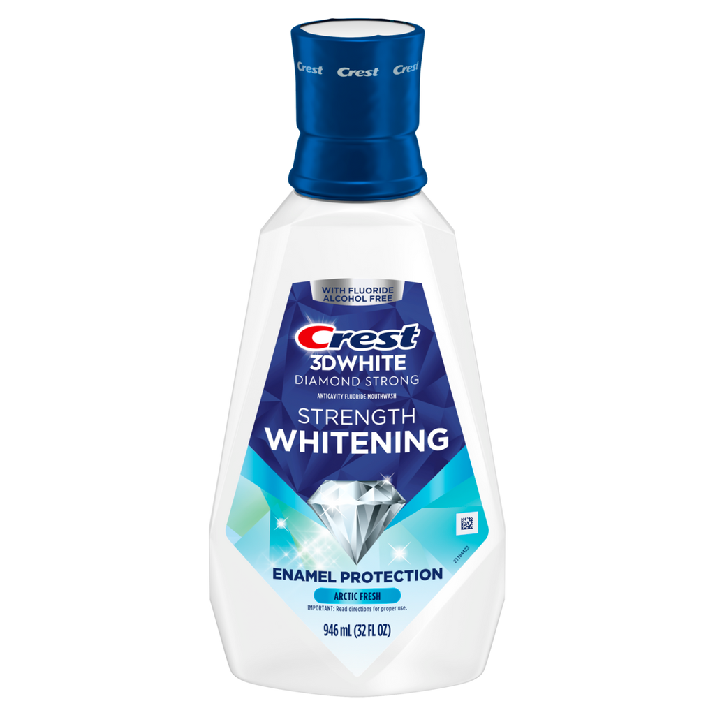 Crest Mouthwash 3D White Strength Whitening Strengthens Enamel Whitens Teeth Prevents Cavities Alcohol Free Contains Fluoride Clean Mint Flavor - 32oz/6pk