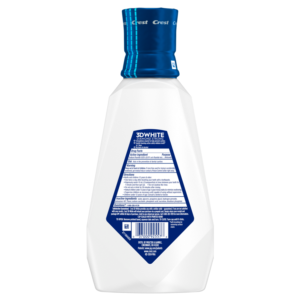 Crest Mouthwash 3D White Strength Whitening Strengthens Enamel Whitens Teeth Prevents Cavities Alcohol Free Contains Fluoride Clean Mint Flavor - 32oz/6pk