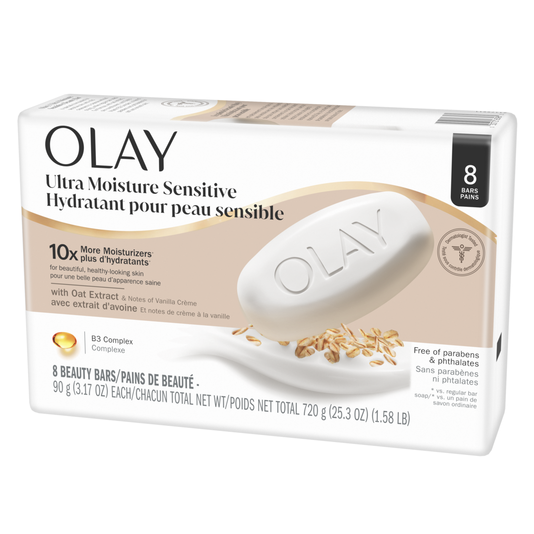 Olay Ultra Moisture Sensitive Beauty Bar with Oat Extract and Notes of Vanilla Creme - (8x3.17)oz/4pk