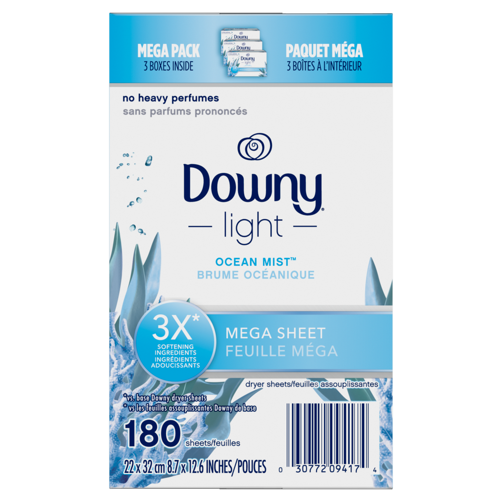 Downy Light Mega Dryer Sheets Laundry Fabric Softener Ocean Mist - 180ct/3pk