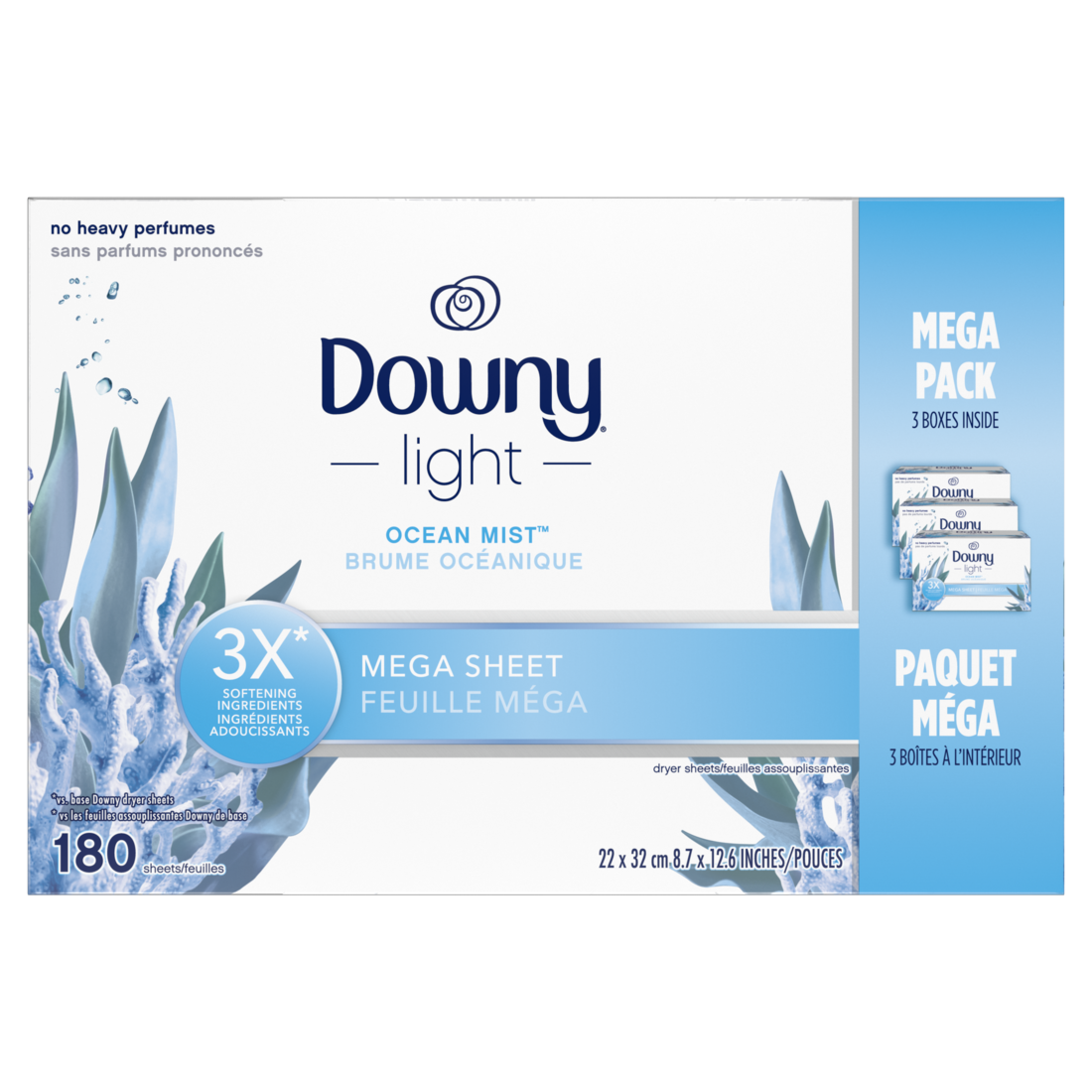Downy Light Mega Dryer Sheets Laundry Fabric Softener Ocean Mist - 180ct/3pk