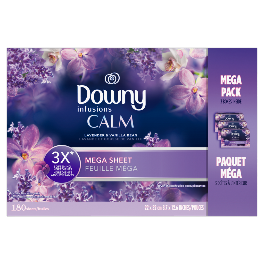 Downy Calm Mega Dryer Sheets Laundry Fabric Softener Lavender And Vanilla Bean - 180ct/3pk