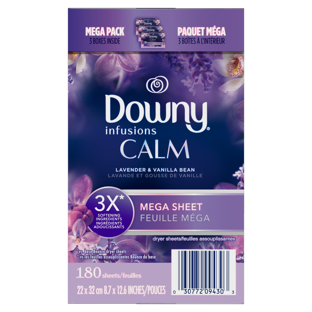 Downy Calm Mega Dryer Sheets Laundry Fabric Softener Lavender And Vanilla Bean - 180ct/3pk