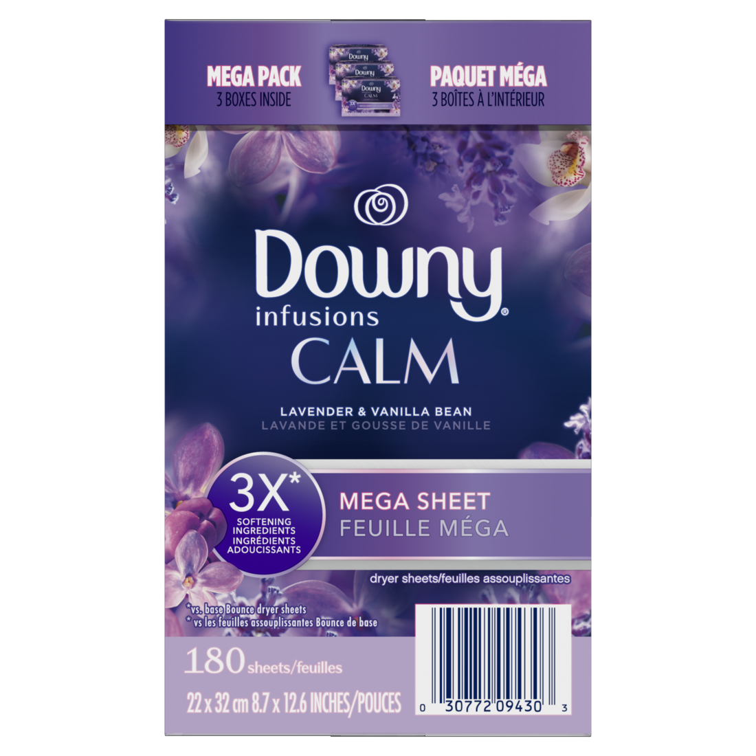 Downy Calm Mega Dryer Sheets Laundry Fabric Softener Lavender And Vanilla Bean - 180ct/3pk