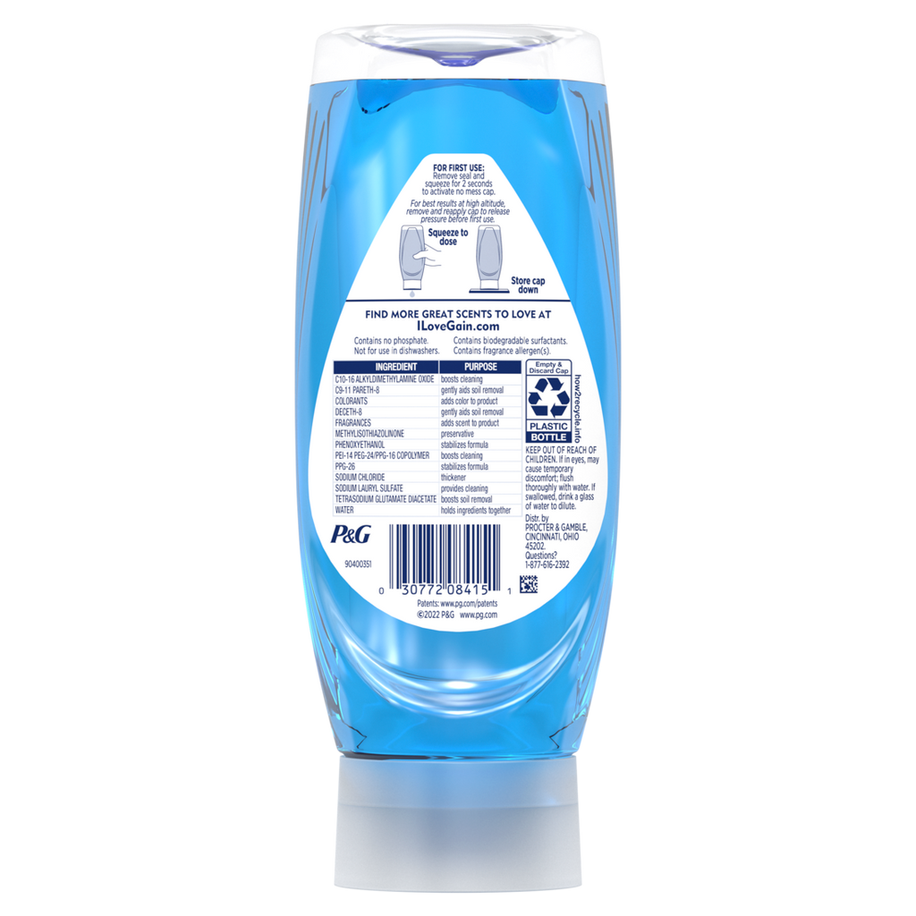 Gain Ultra + Bleach Alternative Ez-Squeeze Dish Soap Dishwashing Liquid Honey Berry Hula - 14.7oz/8pk
