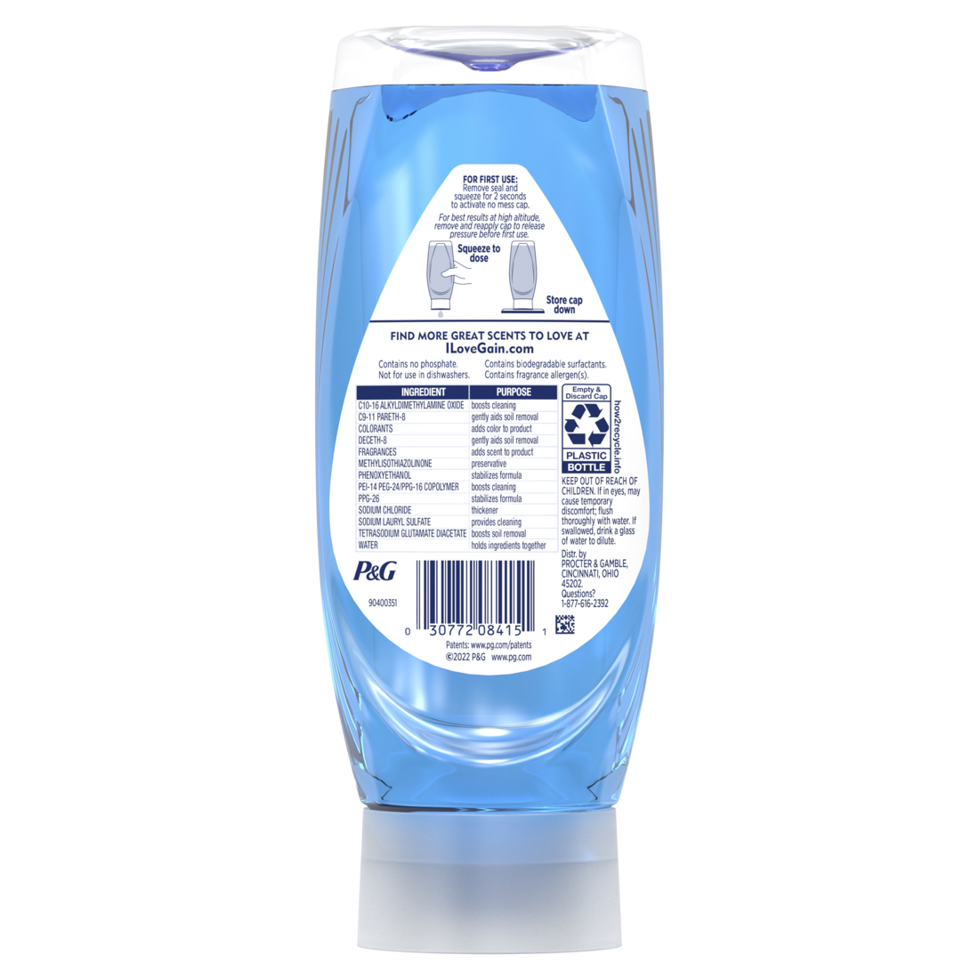 Gain Ultra + Bleach Alternative Ez-Squeeze Dish Soap Dishwashing Liquid Honey Berry Hula - 14.7oz/8pk