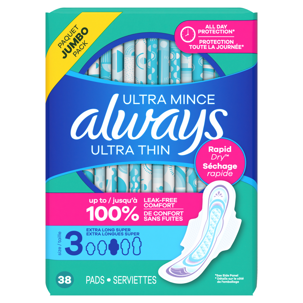 Always Ultra Thin Feminine Pads With Wings For Women Size 3 Extra Long Super Absorbency Unscented - 38ct/3pk
