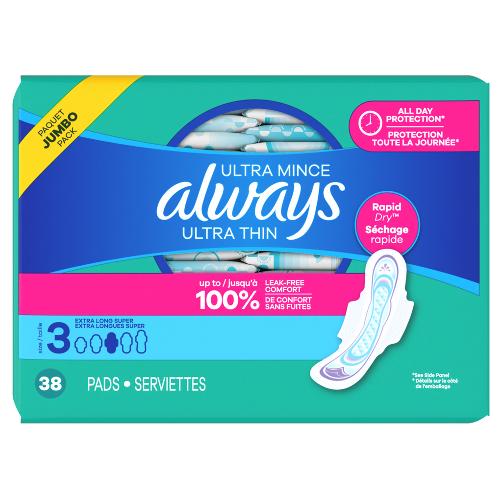 Always Ultra Thin Feminine Pads With Wings For Women Size 3 Extra Long Super Absorbency Unscented - 38ct/3pk