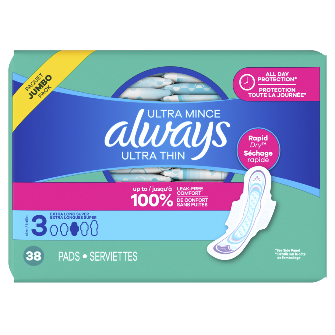 Always Ultra Thin Feminine Pads With Wings For Women Size 3 Extra Long Super Absorbency Unscented - 38ct/3pk