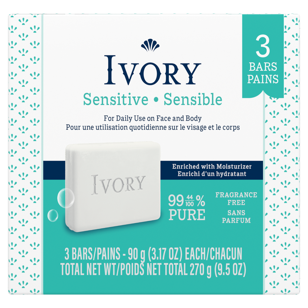 Ivory Sensitive Bar Soap Fragrance Free Designed For Whole Family 99.44% Pure Formula Plant-Based Cleansers Made Without Heavy Perfumes Parabens Or Phthalates - (3x3.17)oz/24pk