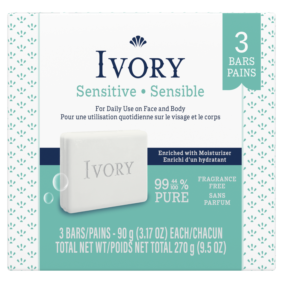 Ivory Sensitive Bar Soap Fragrance Free Designed For Whole Family 99.44% Pure Formula Plant-Based Cleansers Made Without Heavy Perfumes Parabens Or Phthalates - (3x3.17)oz/24pk