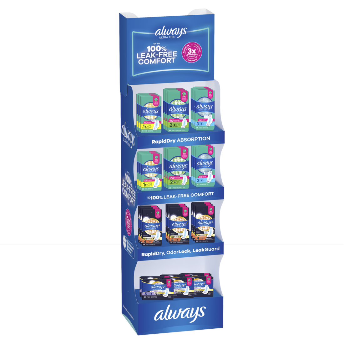 Always Ultra Pads Display (6x28ct Size 3 Extra Long; 6x36ct Size 1 Regular; 9x26ct Size 4 Overnight; 6x24ct Size 5 Extra Heavy Overnight; 6x32ct Size 2 Long) - (24-36)ct/33pk