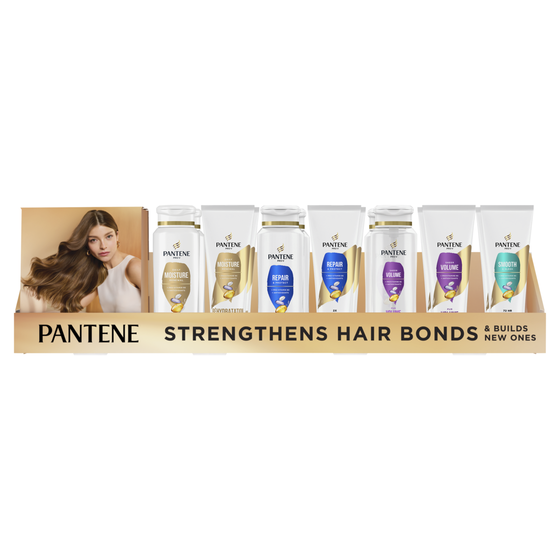 Pantene Shampoo & Conditioner Tray Display (2x12oz Moisture Shampoo; 2x12oz 2in1 Clean; 2x12oz Repair Shampoo; 2x12oz Volume Shampoo; 2x10.4oz Volume Conditioner; 2x10.4oz Moisture Conditioner; 2x10.4oz Repair Conditioner) - (10.4-12)oz/14pk