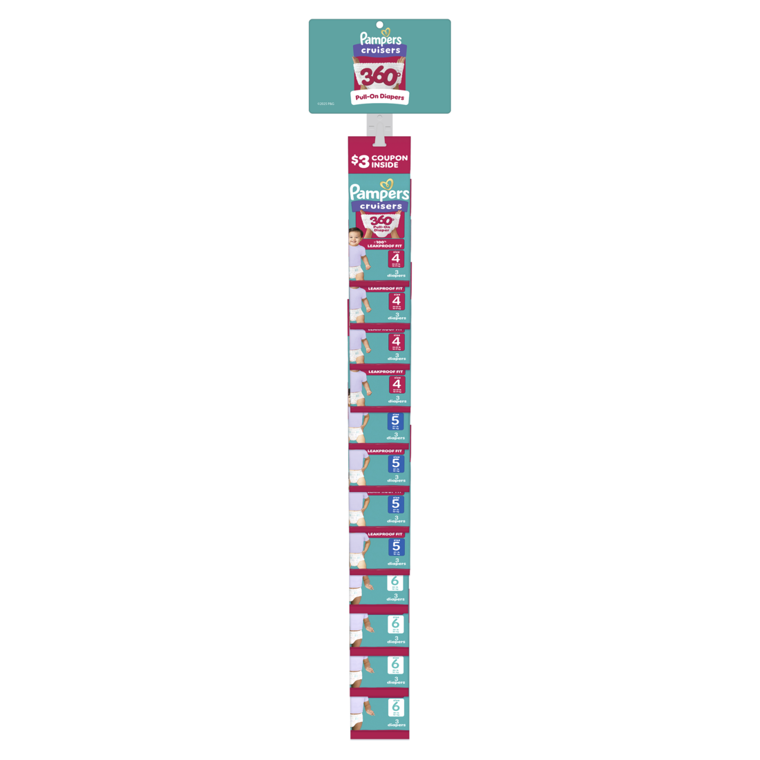 Pampers Cruisers 360 Trial Pack Clip Strip Display (4x3ct Size 4; 4x3ct Size 5; 4x3ct Size 6) - 3ct/12pk