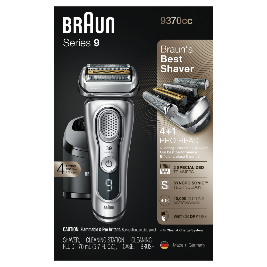Braun Series 9 9370cc Rechargeable Wet & Dry Men's Electric Shaver with Clean & Charge Station - 1box/2pk
