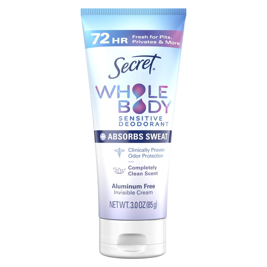 Secret Whole Body Aluminum-Free Dry Feel Cream +Absorbs Sweat Deodorant for Women Completely Clean Scent - 3oz/12pk